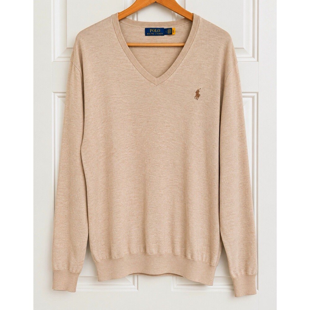 Polo Ralph Lauren Men's L Beige Cotton Knit V-Neck Pullover Polo Pony Sweater